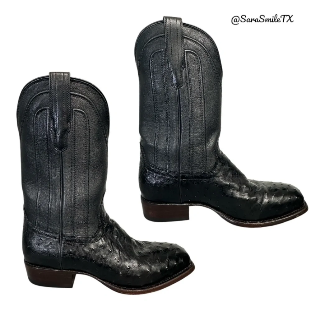 TECOVAS The Carter Mens Black Handmade Full-Quill Ostrich Cowboy Boots - Picture 3 of 14